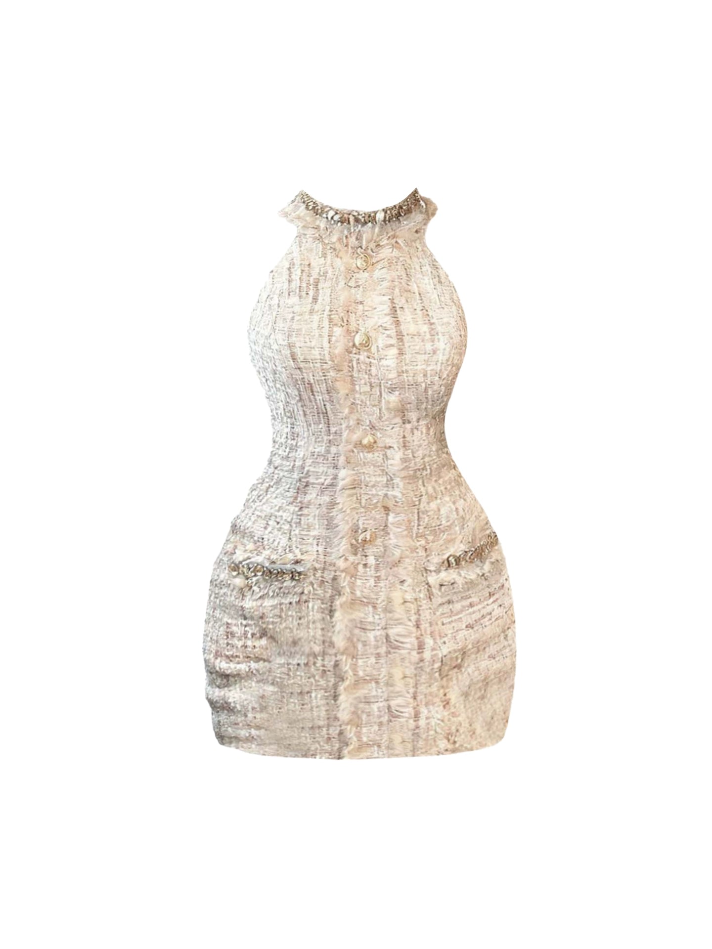 Fantastic Tweed Bodycon Party Looks Mini Skirt Graceful Pocket Design Beading Halter Short Dress AP4370