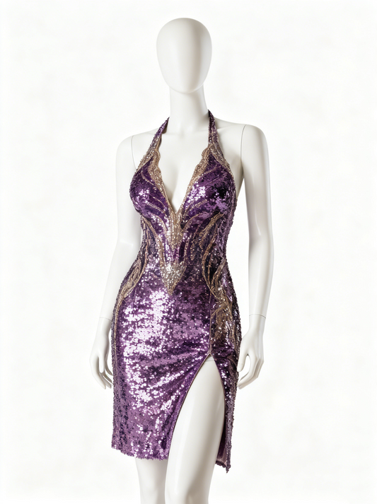 Sweet Sheath Halter Neck Birthday Gowns Sequins Side Slit Homecoming Dress AP4371