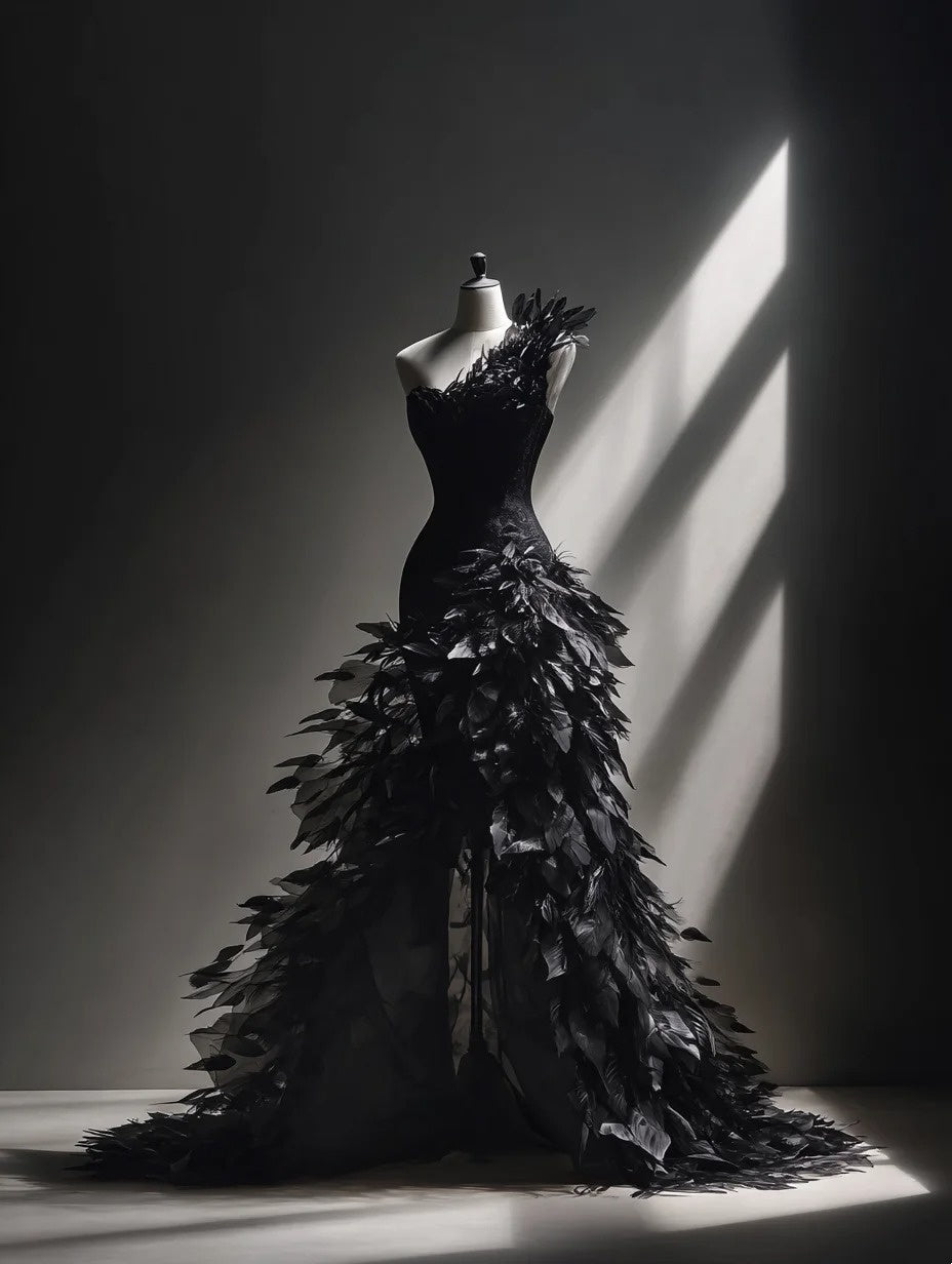 Classical One-Shoulder Black Mermaid Evening Dresses Feather Slit Tulle Prom Dress AP4376