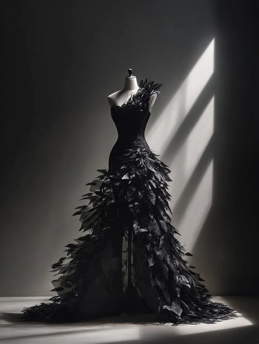 Classical One-Shoulder Black Mermaid Evening Dresses Feather Slit Tulle Prom Dress AP4376