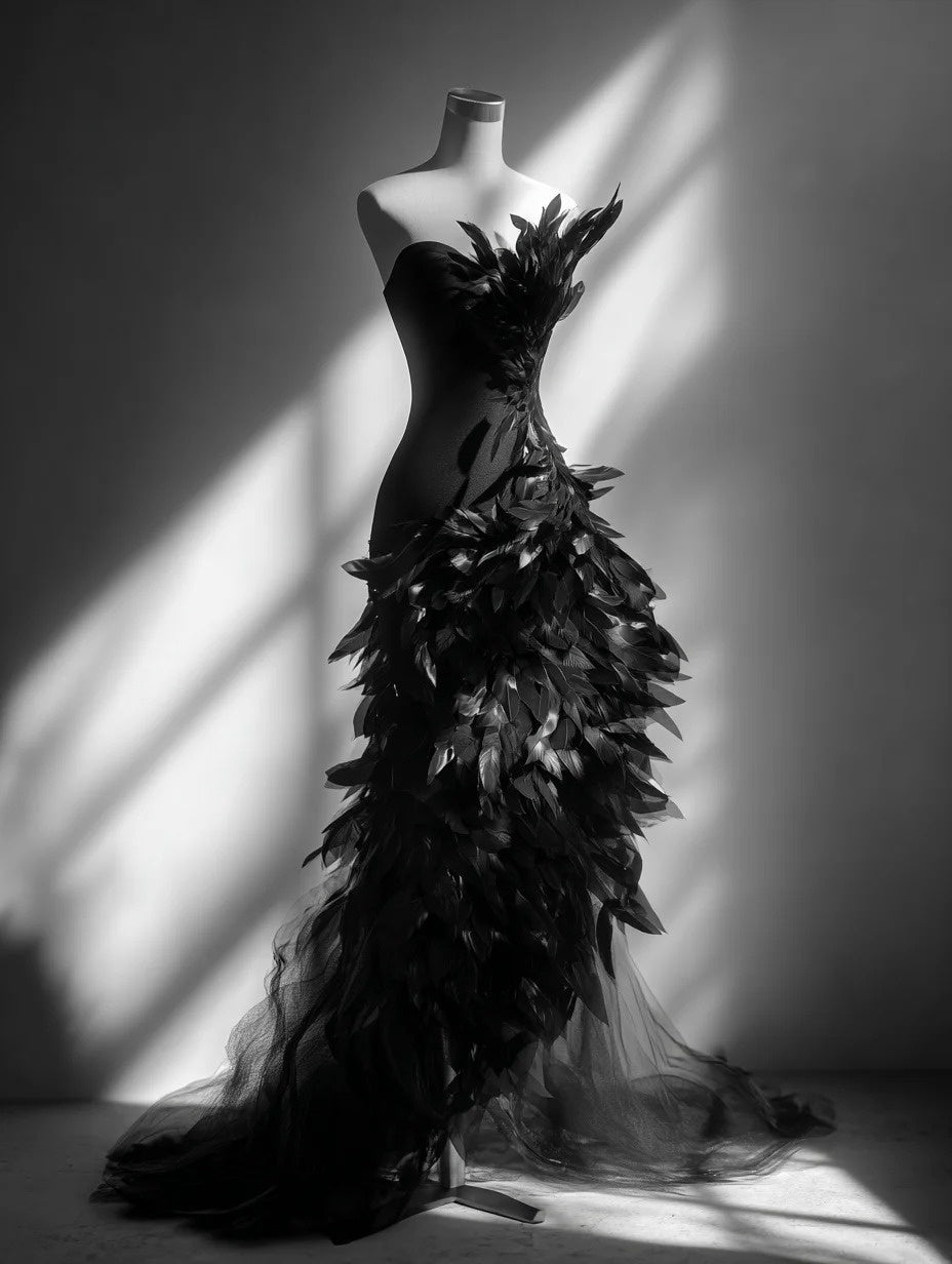 Alluring Strapless Mermaid Black Evening Dresses Slit Tulle Feather Prom Dress AP4377