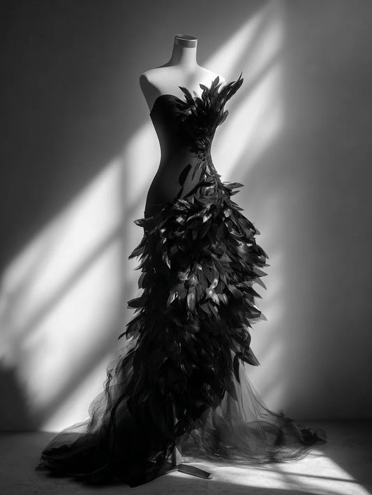 Alluring Strapless Mermaid Black Evening Dresses Slit Tulle Feather Prom Dress AP4377