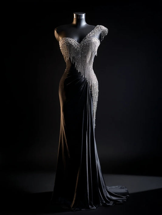 Glam One-Shoulder Mermaid Evening Dresses Sequins Tassel Beading Prom Dress AP4382