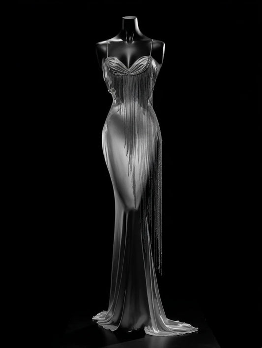Glamorous Sheath Spaghetti Strap Evening Dress Rhinestones Tassel Prom Dress AP4384
