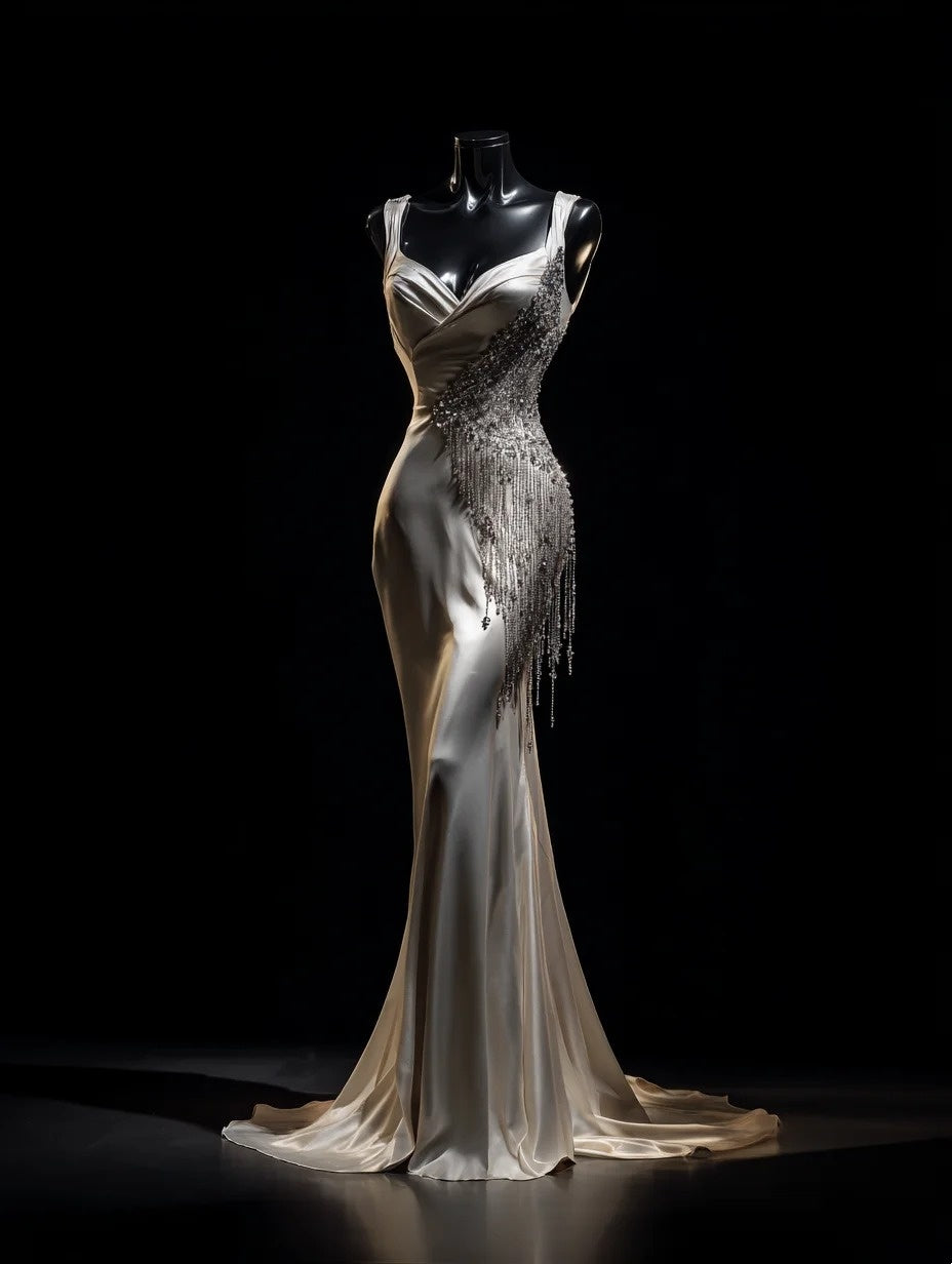 Dramatic Spaghetti Straps Mermaid Evening Gown Beading Tassel Rhinestones Prom Dress AP4385