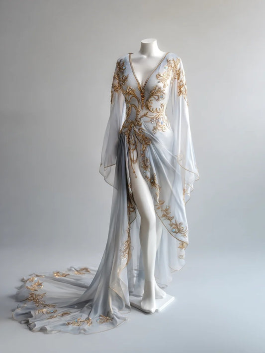 Unique Sheath V-Neck High Slit Evening Dresses Appliques Beading Rhinestones Long Sleeve Tulle Prom Dress AP4388
