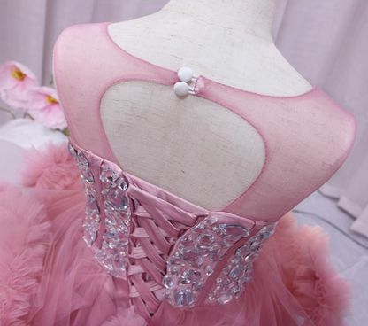 Fashionable A-Line Rhinestones Birthday Gowns Jewel Neck Hi-Lo Length Ruffles Tulle Homecoming Dress AP4389