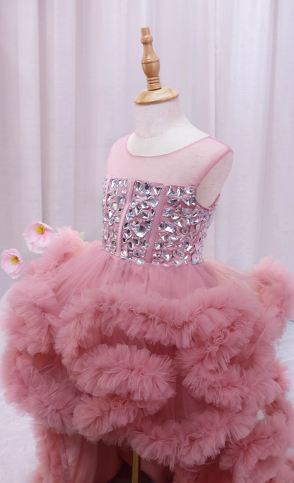 Fashionable A-Line Rhinestones Birthday Gowns Jewel Neck Hi-Lo Length Ruffles Tulle Homecoming Dress AP4389