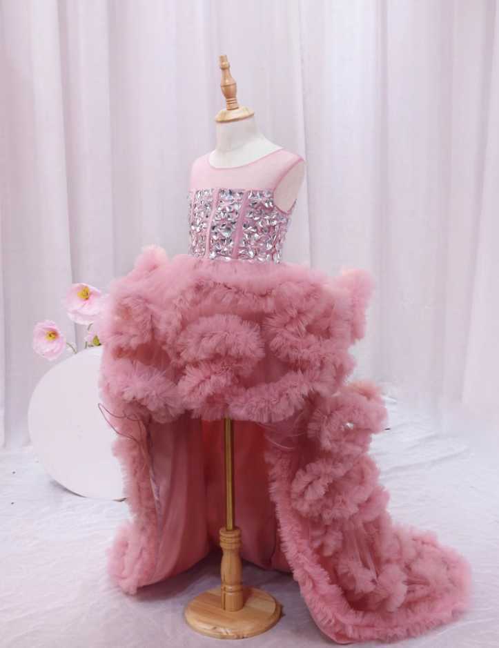 Fashionable A-Line Rhinestones Birthday Gowns Jewel Neck Hi-Lo Length Ruffles Tulle Homecoming Dress AP4389