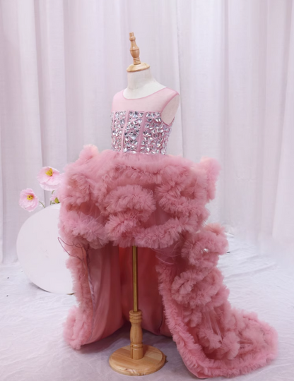 Fashionable A-Line Rhinestones Birthday Gowns Jewel Neck Hi-Lo Length Ruffles Tulle Homecoming Dress AP4389