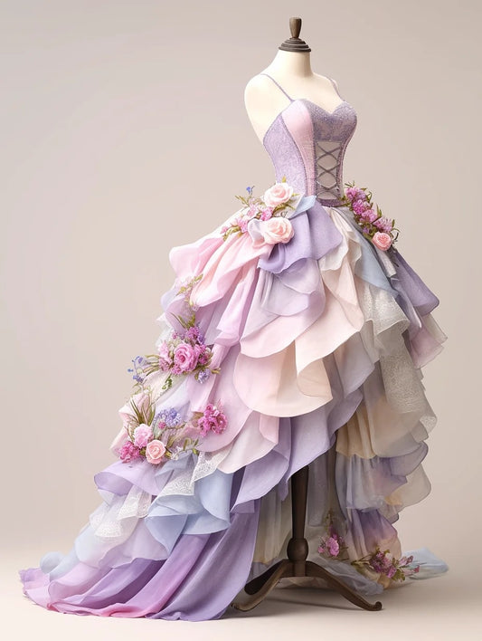 Vibrant A-Line Spaghetti Strap Sweet 16th Dresses Sequins Handmade Flowers Prom Dress AP4390