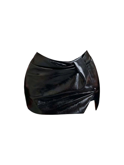 Minimalism Strapless Night Outfit 2-Piece Set Black Mini Skirt Sheath Leather Side Slit Short Dress AP4391
