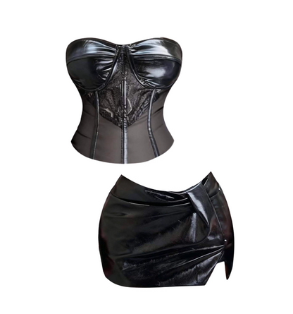 Minimalism Strapless Night Outfit 2-Piece Set Black Mini Skirt Sheath Leather Side Slit Short Dress AP4391