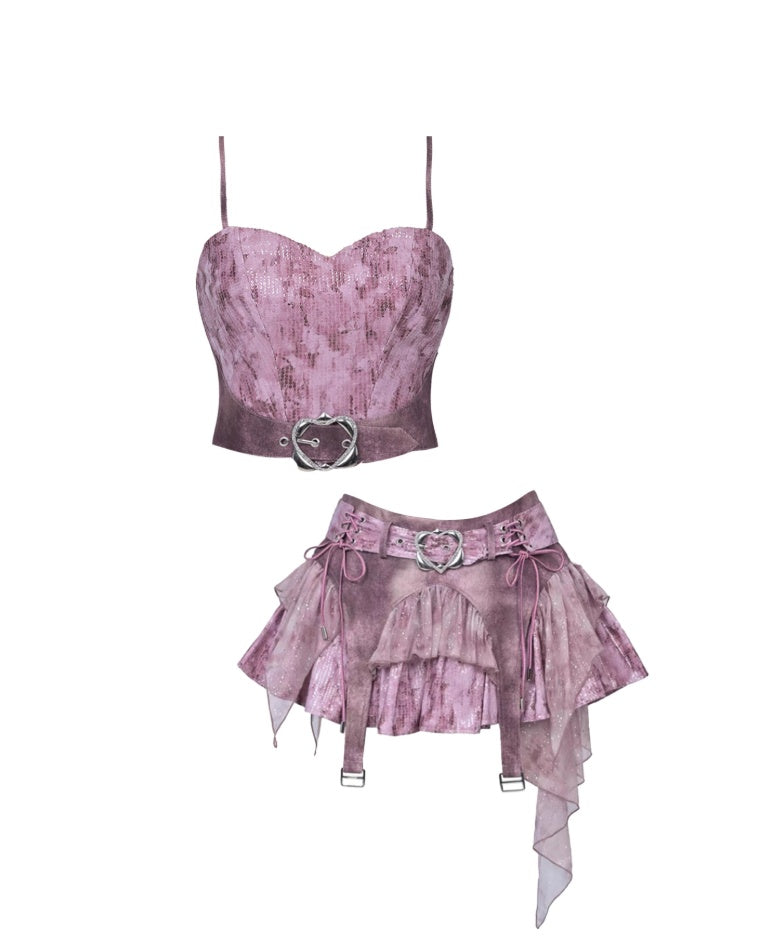 Playful Spaghetti Strap 2-Piece Set Hottie Outfit Mini Skirt Glittering Sequins Tiered Short Dress AP4396
