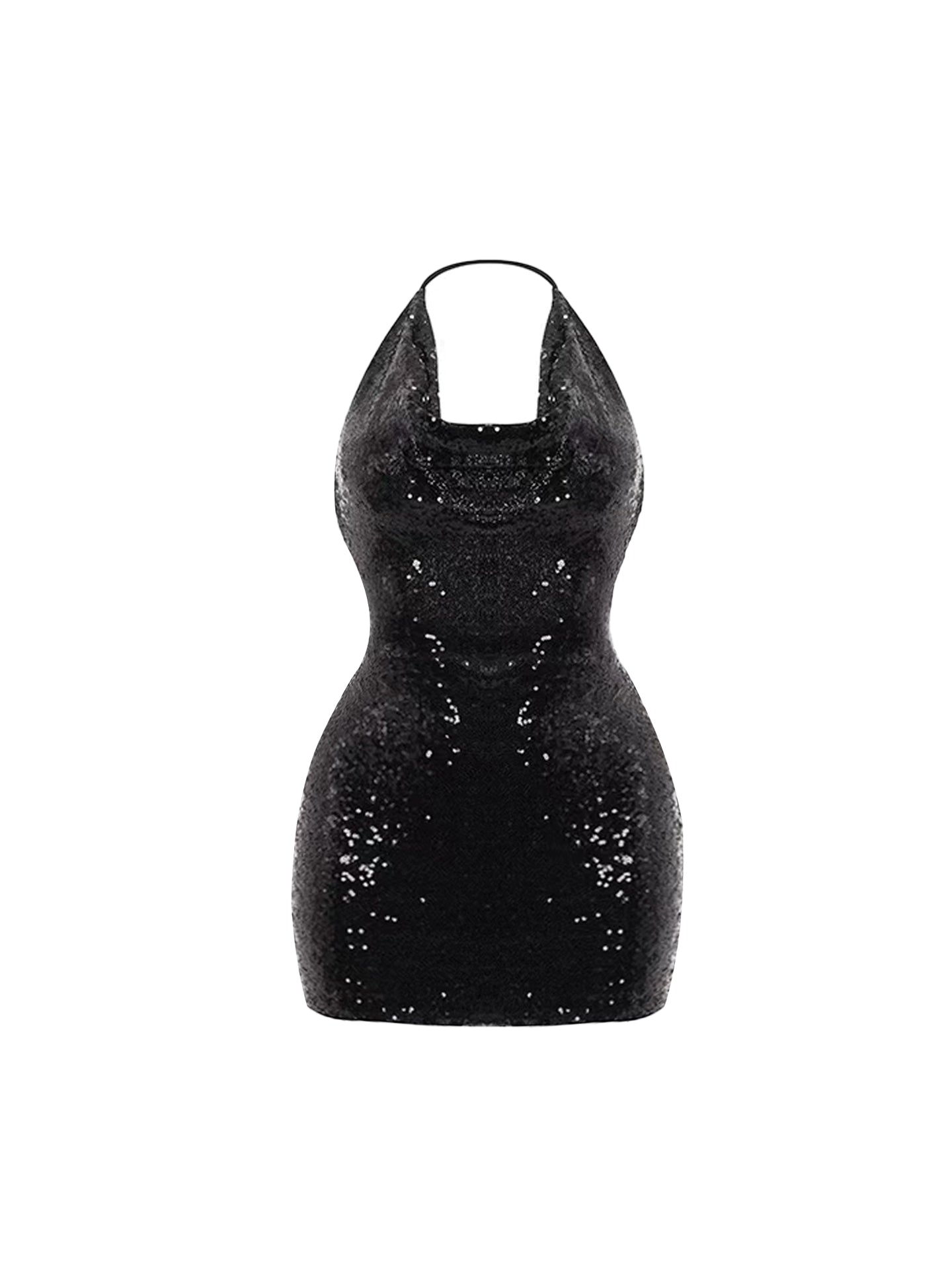 Sparkly Bodycon Ruched Black Mini Skirt Vogue Sequins Design Halter Short Dress AP4398