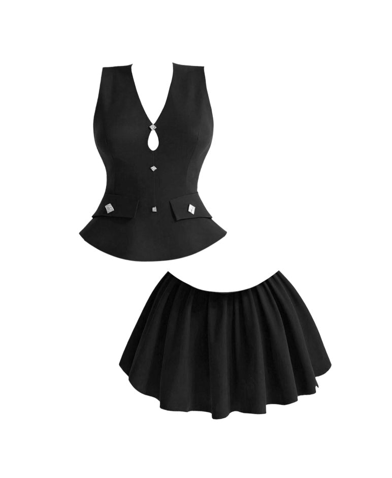 Flattering 2-Piece Set Black Cutout Mini Skirt Chic V-Neck A-Line Party Looks Short Dress AP4400