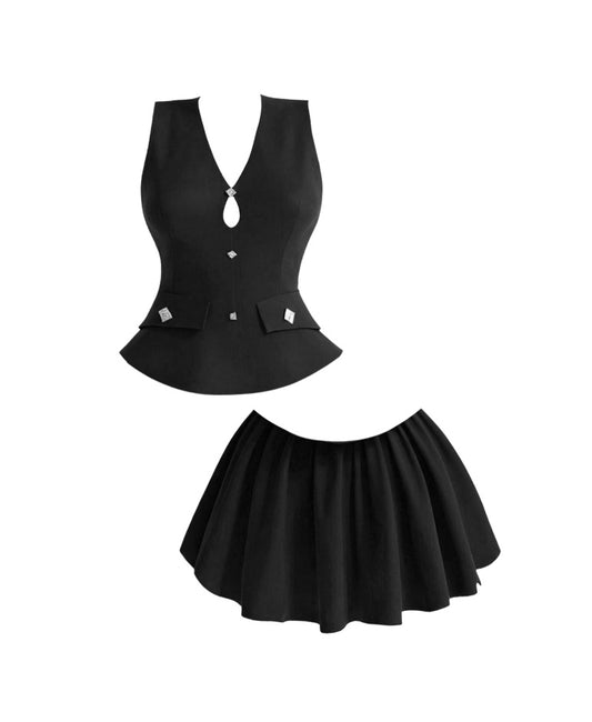 Flattering 2-Piece Set Black Cutout Mini Skirt Chic V-Neck A-Line Party Looks Short Dress AP4400