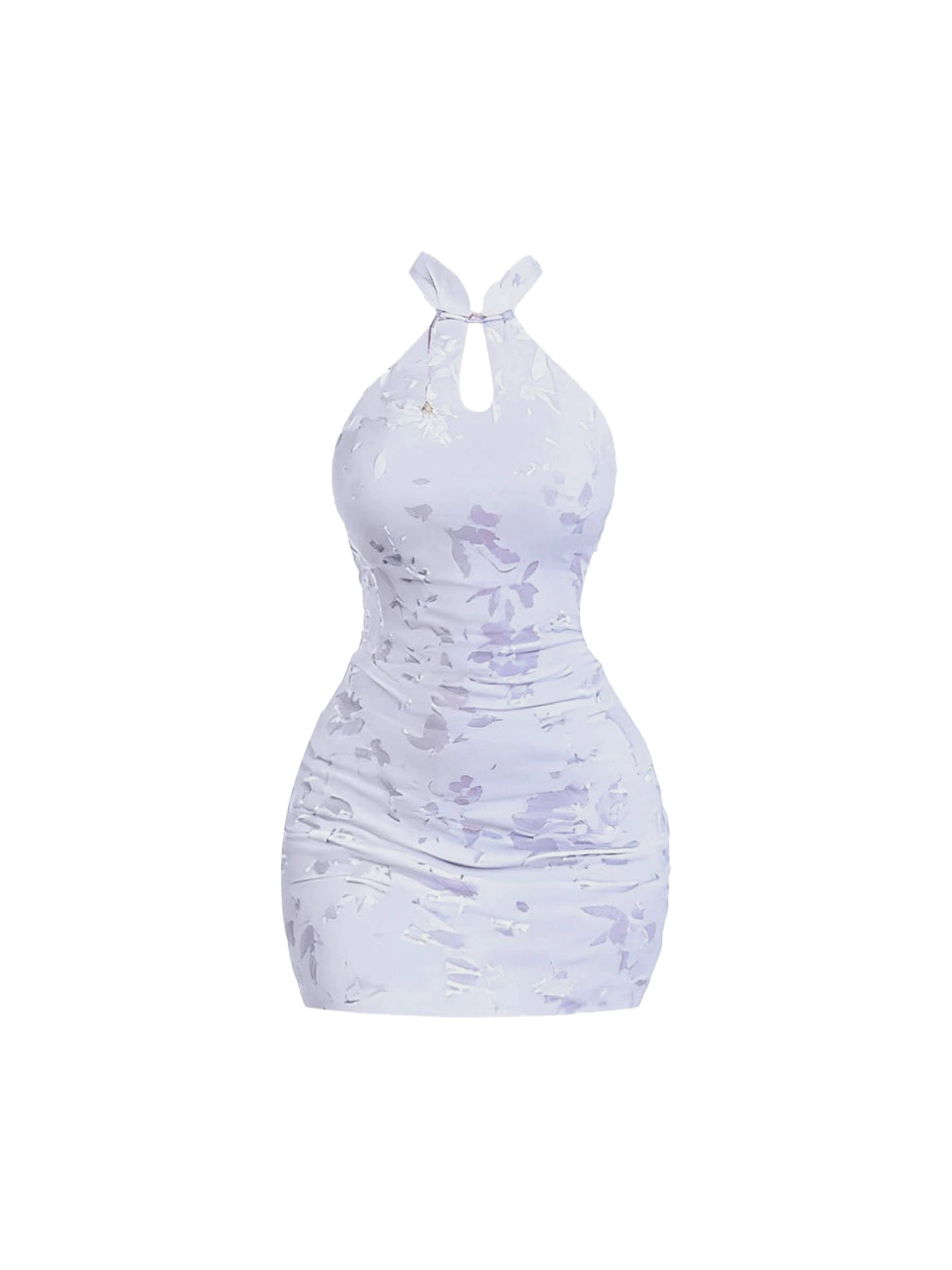 Attractive Purple Bodycon Button Knot Cutout Mini Skirt Graceful Jacquard Design Halter Short Dress AP4402