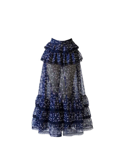 Flowy A-Line 2-Piece Set Floral Print Slit Maxi Dress Sexy Long Sleeve Jewel Neck Tiered Long Dress AP4403