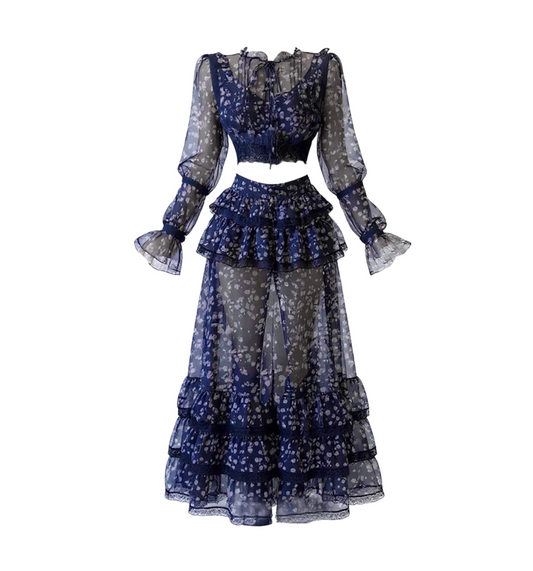 Flowy A-Line 2-Piece Set Floral Print Slit Maxi Dress Sexy Long Sleeve Jewel Neck Tiered Long Dress AP4403