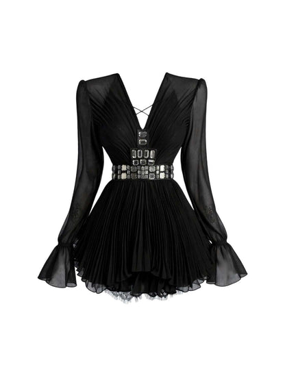 Vogue A-Line V Neck 2-Piece Set Pleated Mini Skirt Charming Long Sleeve Cinched-Waist Rhinestones Design Short Dress AP4404