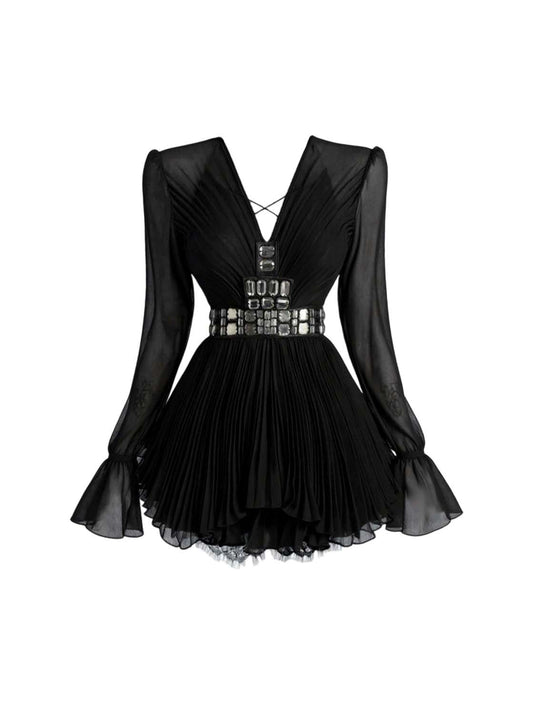 Vogue A-Line V Neck 2-Piece Set Pleated Mini Skirt Charming Long Sleeve Cinched-Waist Rhinestones Design Short Dress AP4404