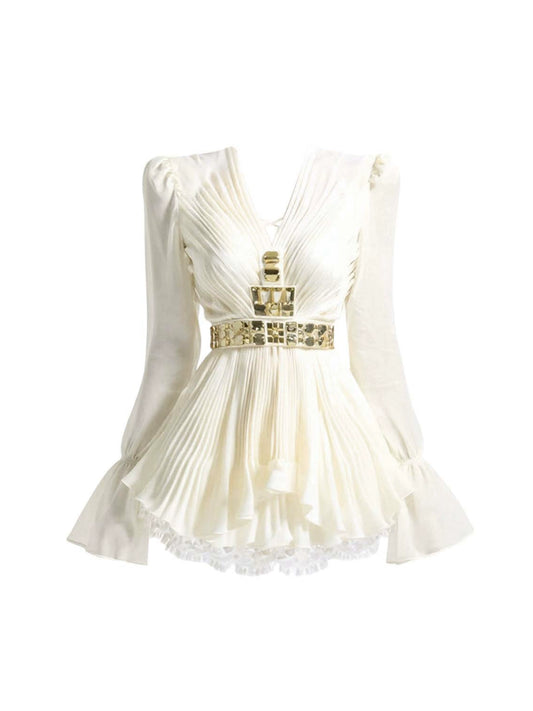 Vogue A-Line V Neck 2-Piece Set Pleated Mini Skirt Charming Long Sleeve Cinched-Waist Rhinestones Design Short Dress AP4404