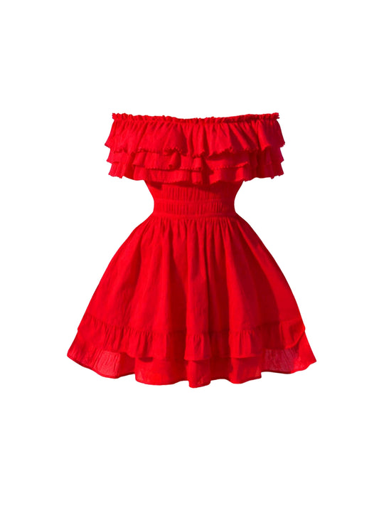 Modern Off-Shoulder Dates Looks Tiered Mini Skirt Vibrant Red A-Line Cinched-Waist Short Dress AP4405