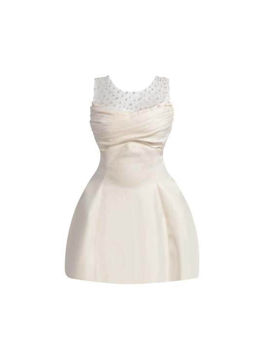 Princess Jewel Neck Splicing Sheer Tulle Mini Skirt Elegant Dates Looks A-Line Rhinestones Accent Pleated Short Dress AP4406