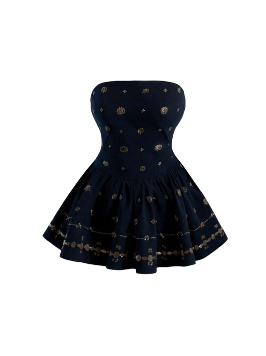 Pretty Date Outfit Strapless Mini Skirt Glittering A-Line Sequins Accent Cinched-Waist Short Dress AP4407