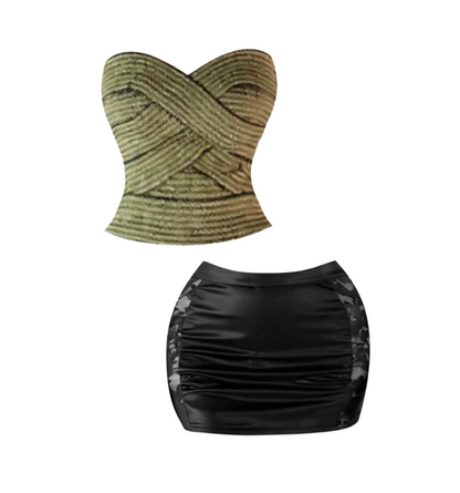 Fancy Night Outfit 2-Piece Set Strapless Mini Skirt Sheath Hottie Sequins Accent Pleated Short Dress AP4408