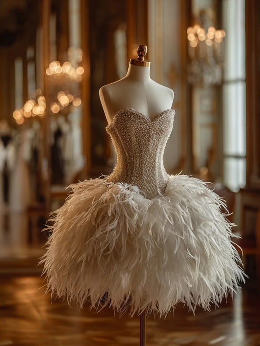 Delicate A-Line Strapless Birthday Gowns Feather Beading Homecoming Dress AP4412