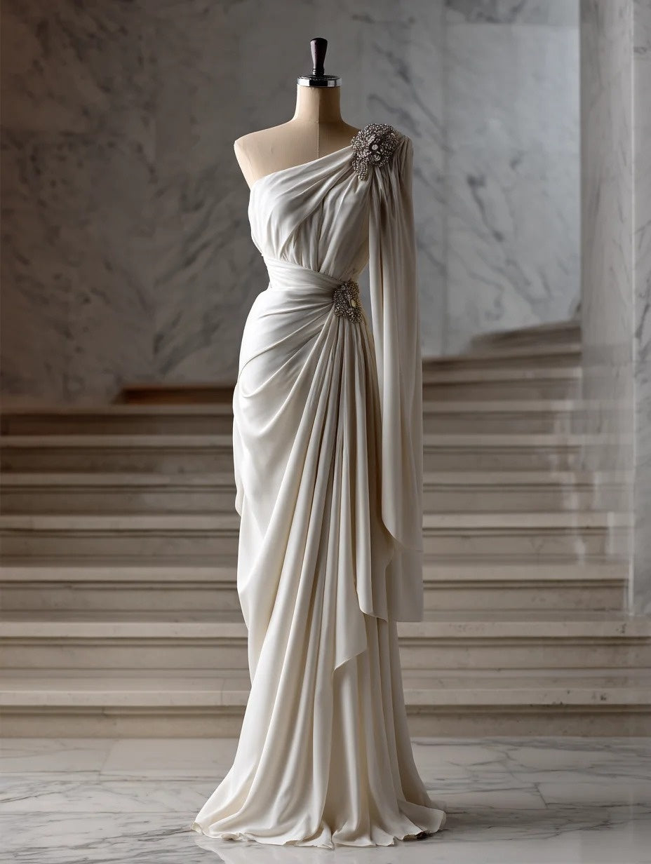 Casual One Shoulder Sheath Evening Gowns Rhinestones Gathered Prom Dress AP4413