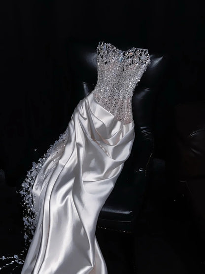 New Tendency Strapless Sweet 16th Mermaid Evening Dresses Sequins Rhinestone Tassel Satin Prom Dress AP4418