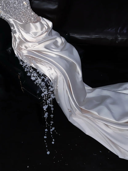 New Tendency Strapless Sweet 16th Mermaid Evening Dresses Sequins Rhinestone Tassel Satin Prom Dress AP4418