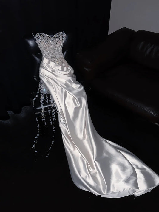 New Tendency Strapless Sweet 16th Mermaid Evening Dresses Sequins Rhinestone Tassel Satin Prom Dress AP4418