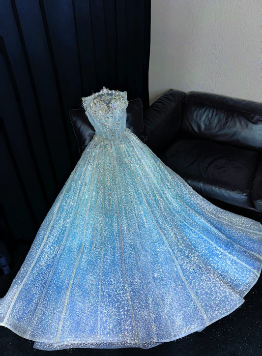 Fairy A-Line Strapless Sweet 16th Evening Dresses Rhinestones Beading Sequins Prom Dress AP4419