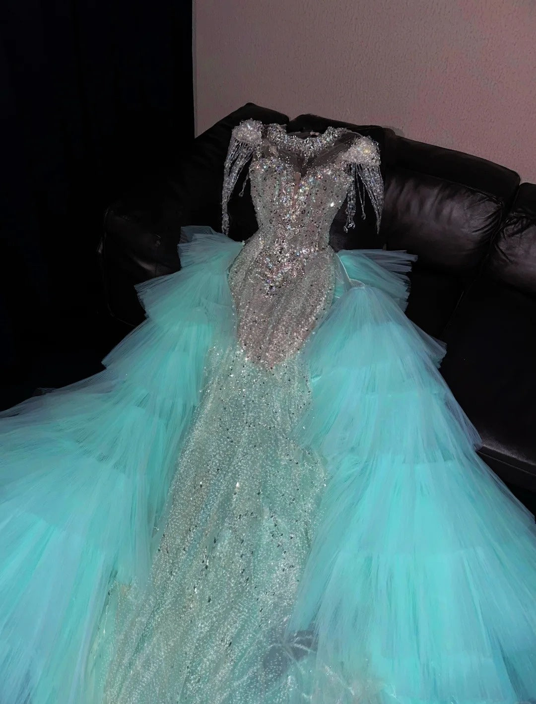 Exquisite Mermaid Jewel Neck Evening Gowns Beading Rhinestone Tassel Prom Dress AP4420
