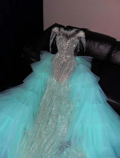 Exquisite Mermaid Jewel Neck Evening Gowns Beading Rhinestone Tassel Prom Dress AP4420