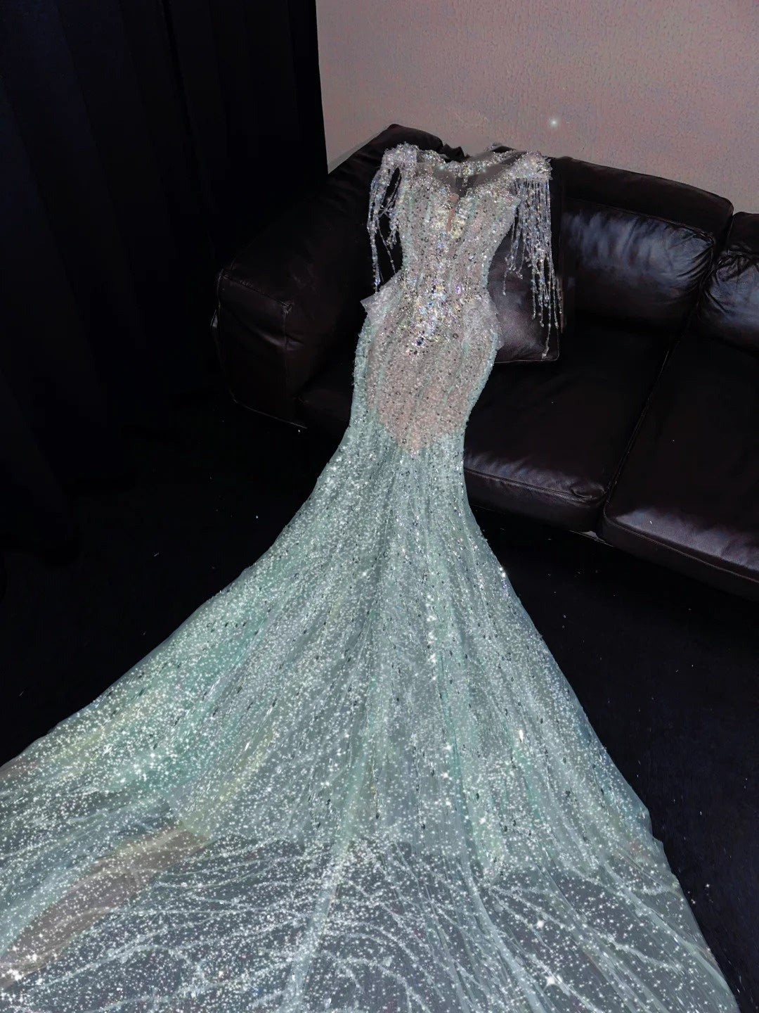 Exquisite Mermaid Jewel Neck Evening Gowns Beading Rhinestone Tassel Prom Dress AP4420