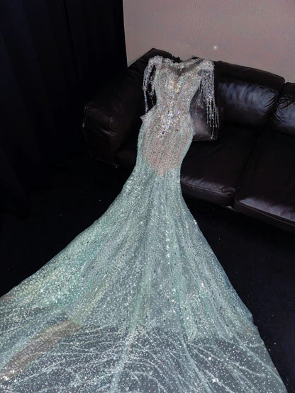 Exquisite Mermaid Jewel Neck Evening Gowns Beading Rhinestone Tassel Prom Dress AP4420