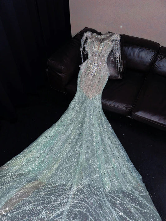 Exquisite Mermaid Jewel Neck Evening Gowns Beading Rhinestone Tassel Prom Dress AP4420