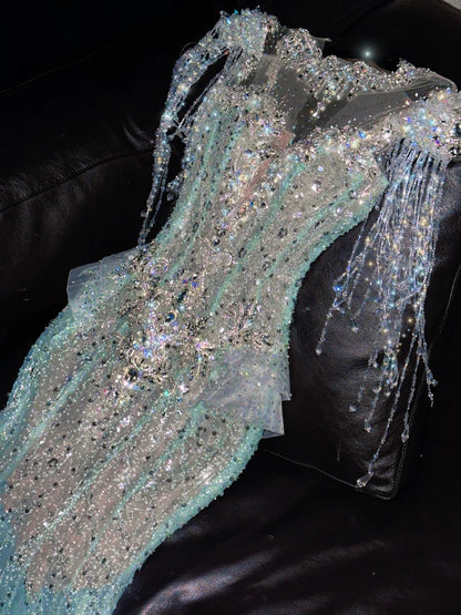 Exquisite Mermaid Jewel Neck Evening Gowns Beading Rhinestone Tassel Prom Dress AP4420