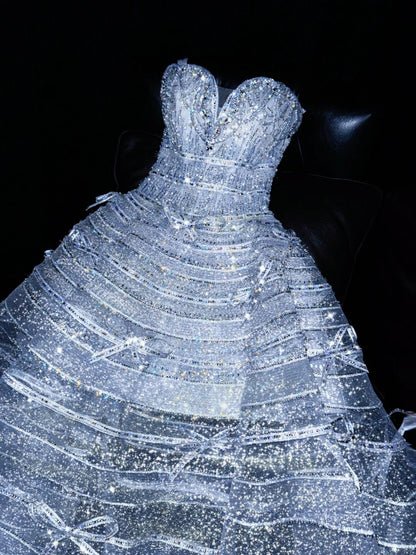 Lovely A-Line Strapless Bows Sweet 16th Evening Dresses Crystals Beading Sequins Prom Dress AP4421