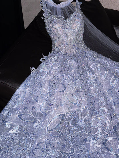 Refined A-Line Spaghetti Strap Splicing Tulle Sweet 16th Evening Dresses Sequins Appliques Prom Dress AP4422