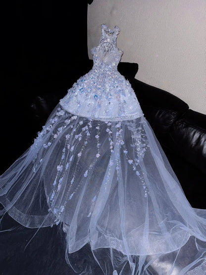 Beautiful Halter Neck A-Line Splicing Tulle Birthday Gowns Sequins Appliques Crystals Homecoming Dress AP4423