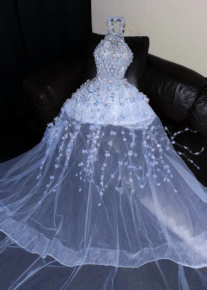 Beautiful Halter Neck A-Line Splicing Tulle Birthday Gowns Sequins Appliques Crystals Homecoming Dress AP4423