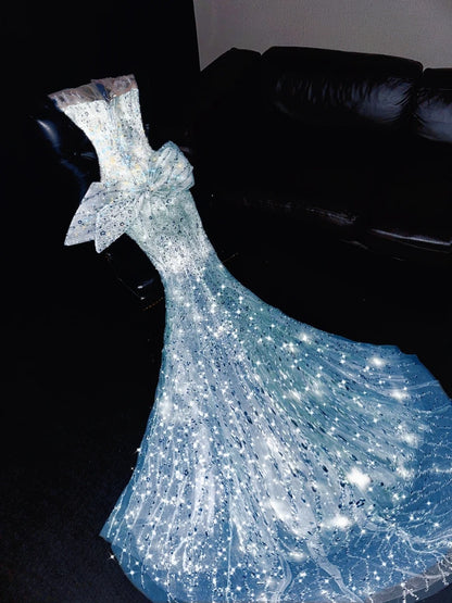 Amazing Illusion Neck Sweet 16th Mermaid Evening Dresses Sequins Rhinestones Bow Prom Dress AP4427