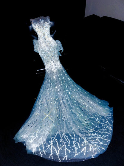 Amazing Illusion Neck Sweet 16th Mermaid Evening Dresses Sequins Rhinestones Bow Prom Dress AP4427