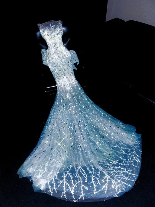 Amazing Illusion Neck Sweet 16th Mermaid Evening Dresses Sequins Rhinestones Bow Prom Dress AP4427